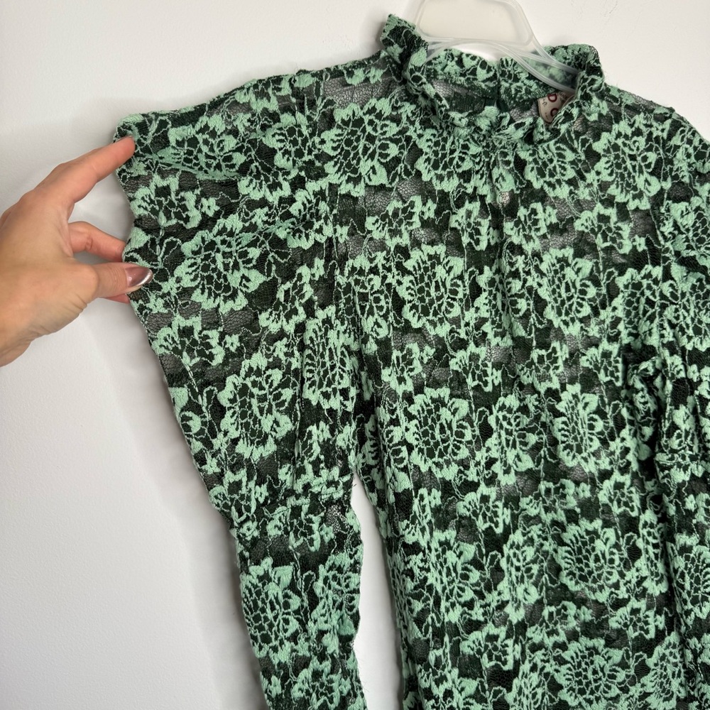 Anthropologie Mint Green Floral Lace Long-Sleeve Mock Neck Top - Picture 7 of 10